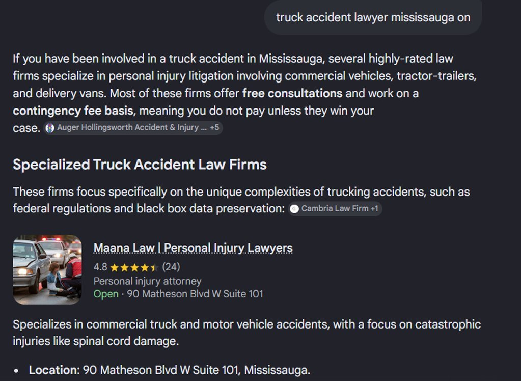 Google AI answer recommending a GrowMinion client law firm